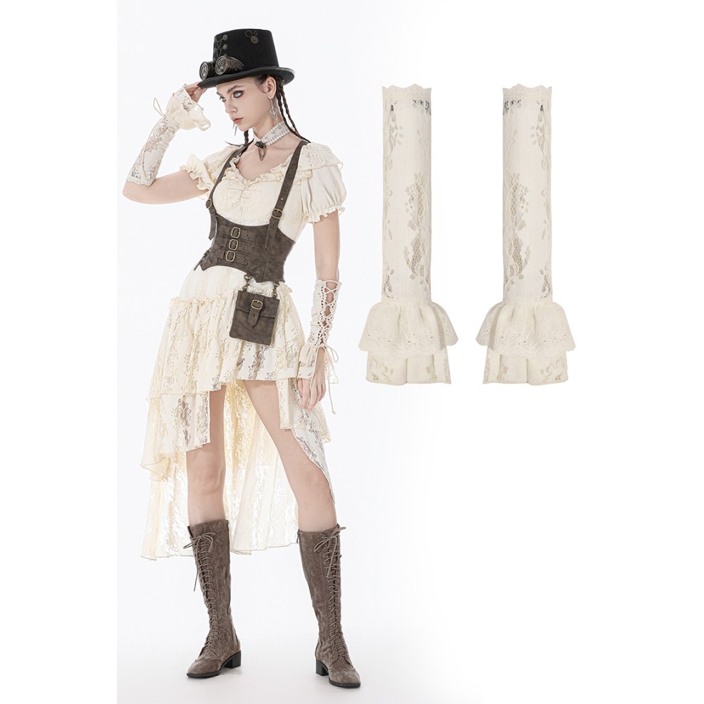 Dark in Love - Steampunk Lace Layered Ribbon Handschoenen - Creme